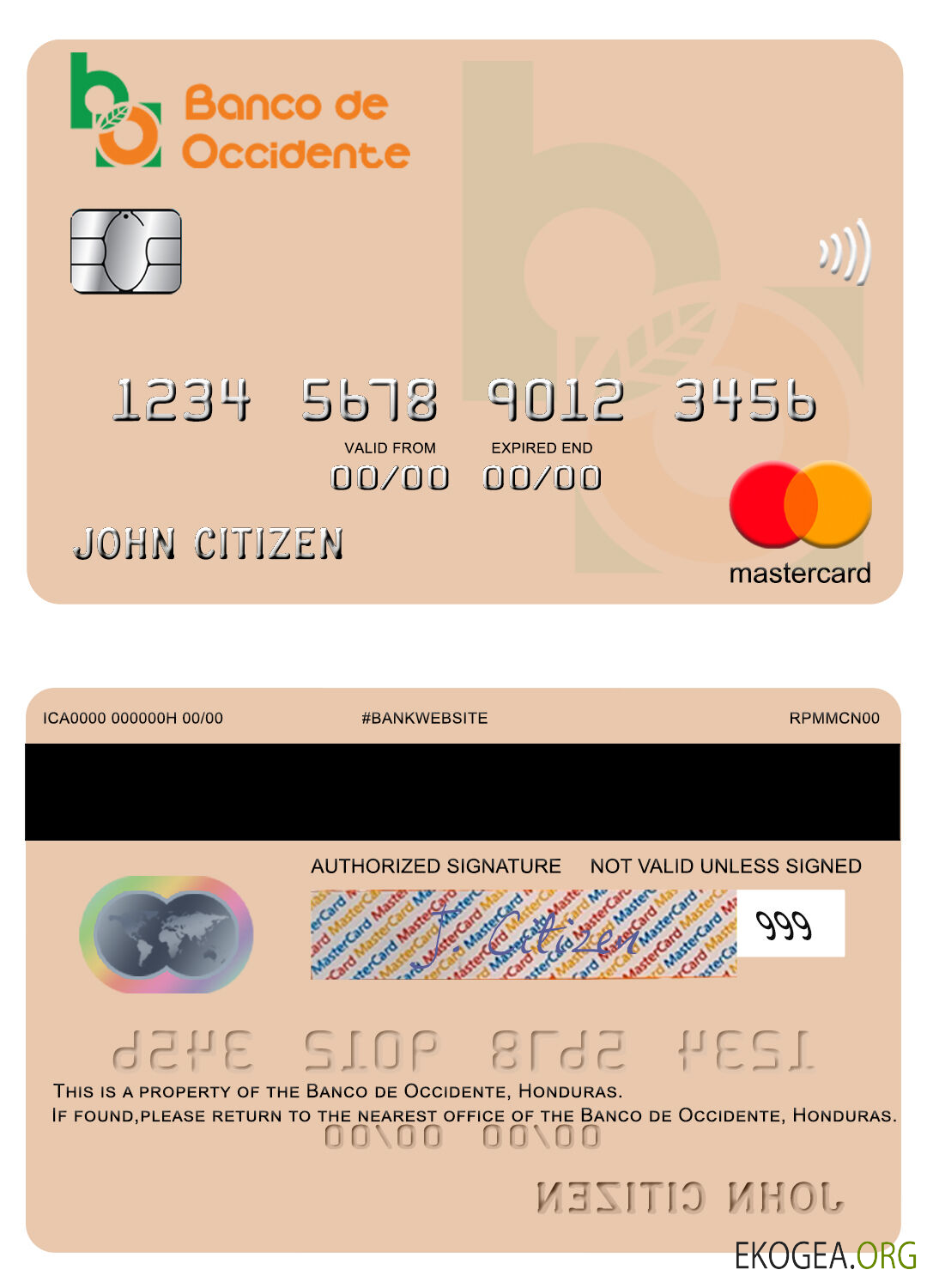 Carte Mastercard de la Banco de Occidente du Honduras